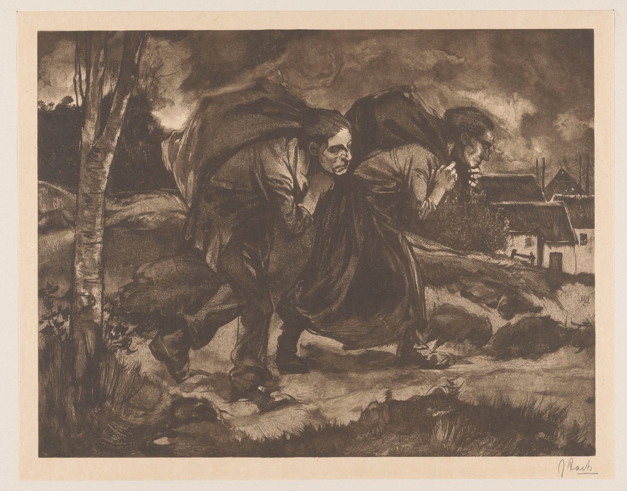 Man en vrouw met zak op de rug door Johannes Josephus Aarts (signed by artist)