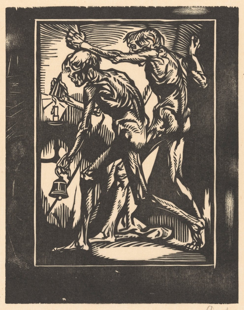 Twee naakte mannenfiguren met bel en kaarsendover door Johannes Josephus Aarts (signed by artist)