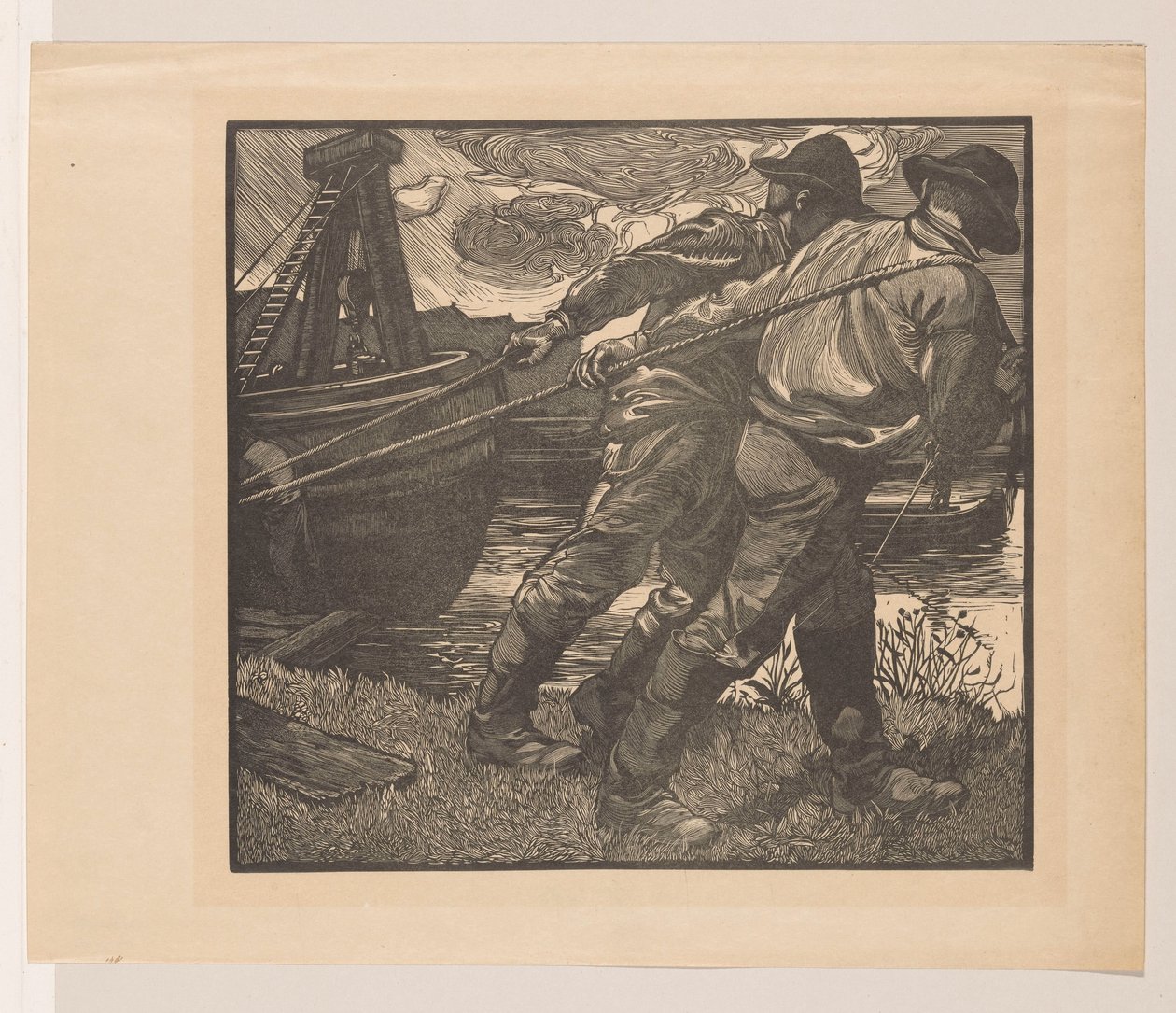 Arbeiders met touwen op oever door Johannes Josephus Aarts