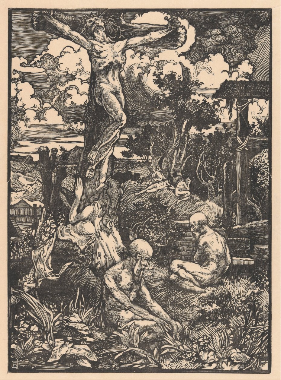 Gekruisigde man in heuvellandschap door Johannes Josephus Aarts