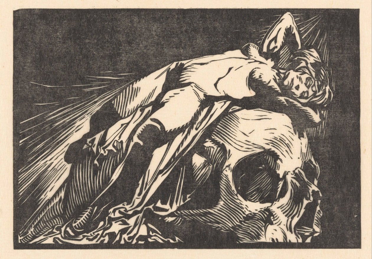 Liggende vrouw op doodskop door Johannes Josephus Aarts