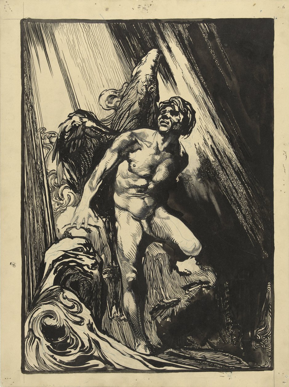 Lucifer in een rotslandschap bij een stroom, opziend naar het licht door Johannes Josephus Aarts