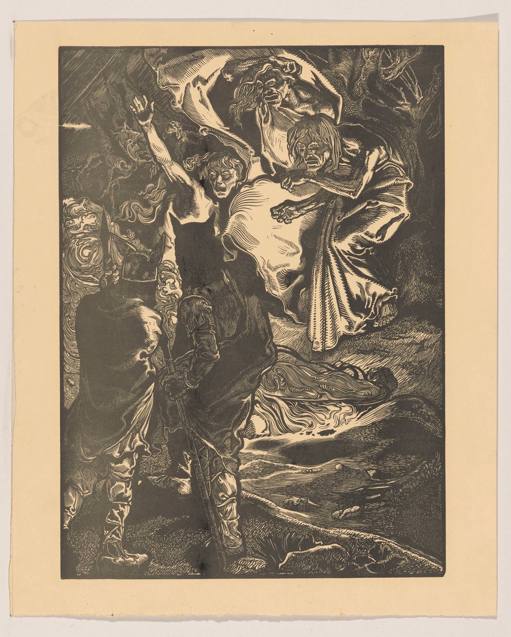 Macbeth en Banquo ontmoeten de drie heksen door Johannes Josephus Aarts
