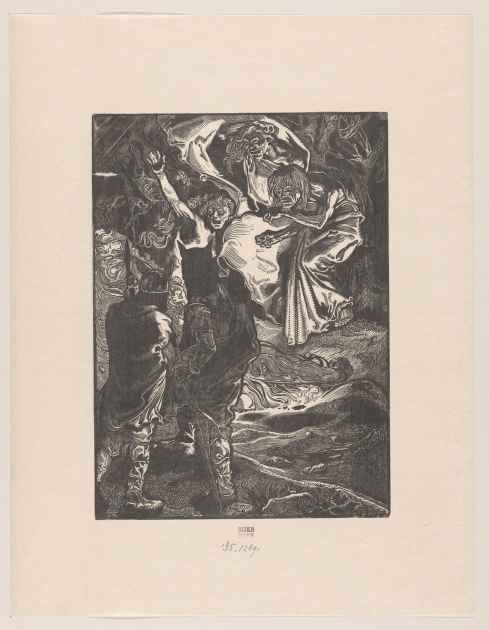 Macbeth en Banquo ontmoeten de drie heksen door Johannes Josephus Aarts