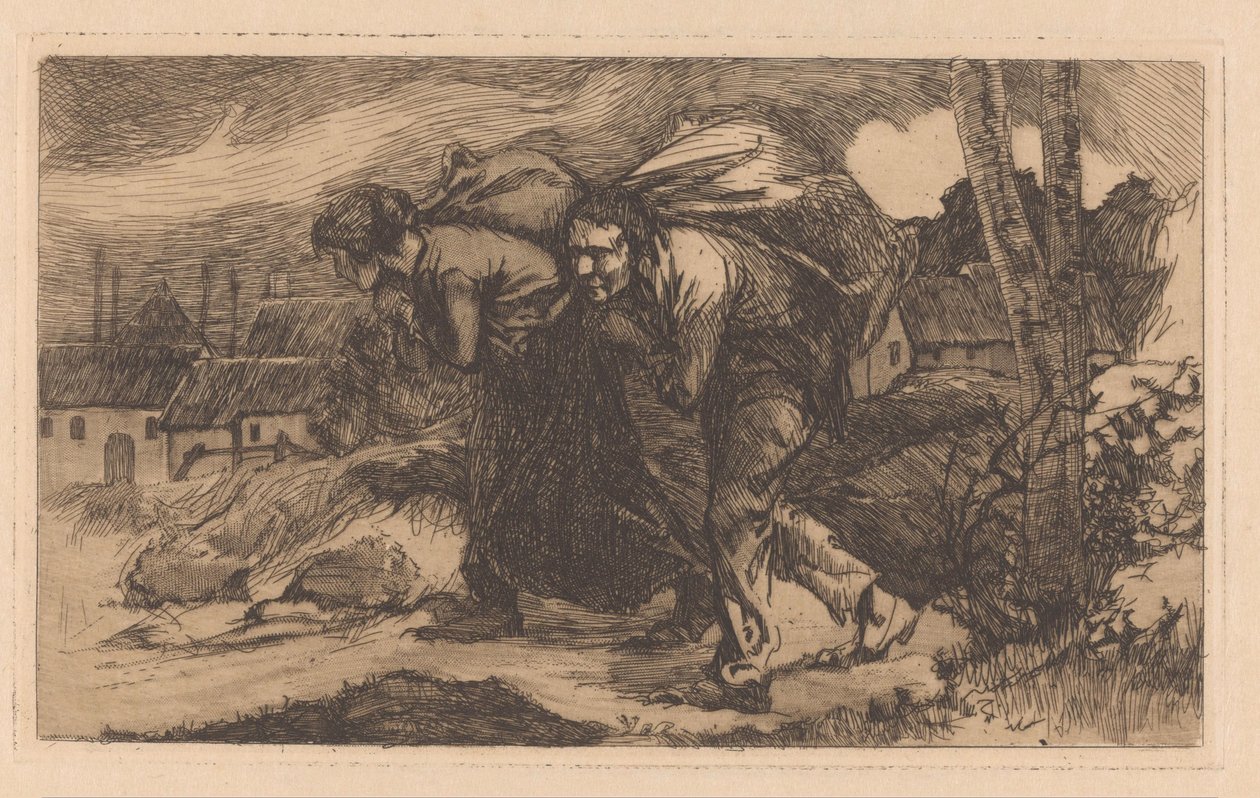 Man en vrouw met zak op de rug door Johannes Josephus Aarts