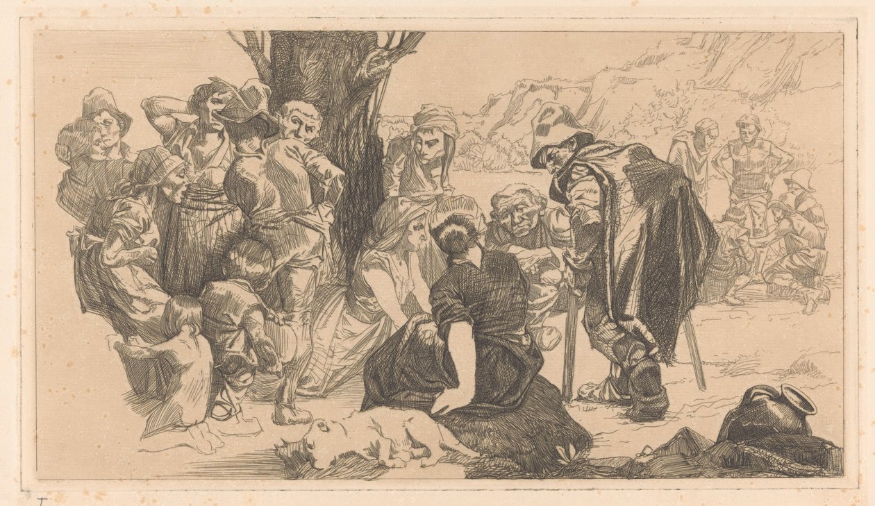 Mannen, vrouwen en kinderen bij een boom door Johannes Josephus Aarts