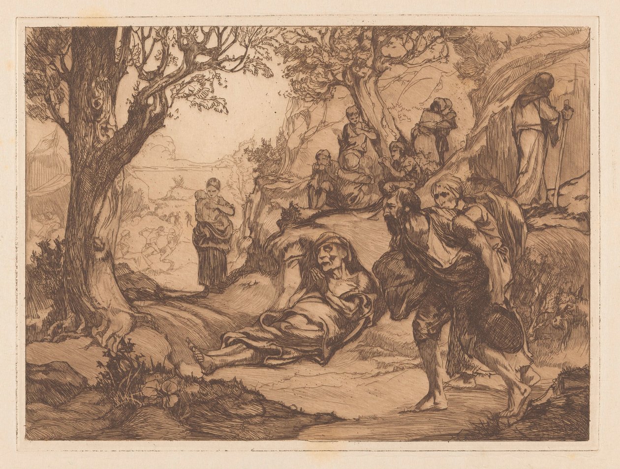 Mannen, vrouwen en kinderen in heuvelachtig landschap door Johannes Josephus Aarts