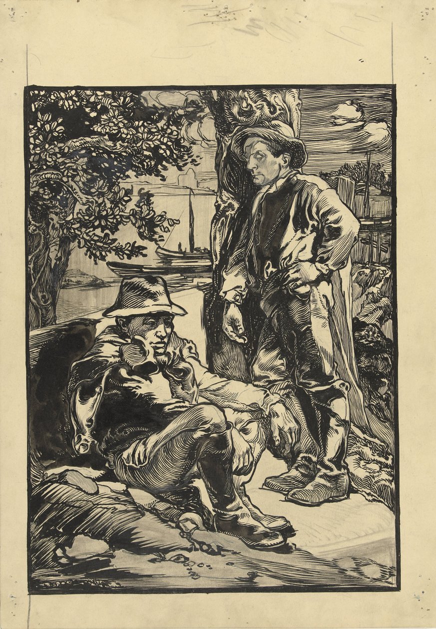 Twee dijkwerkers, de een zittend, de ander tegen een boom geleund door Johannes Josephus Aarts