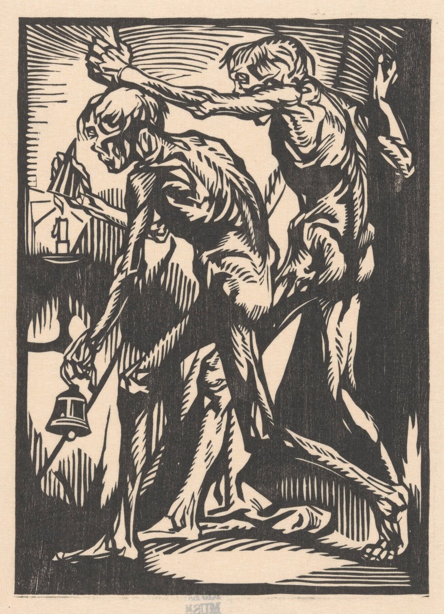Twee Naakte Mannenfiguren met Bel en Kaarsendover door Johannes Josephus Aarts