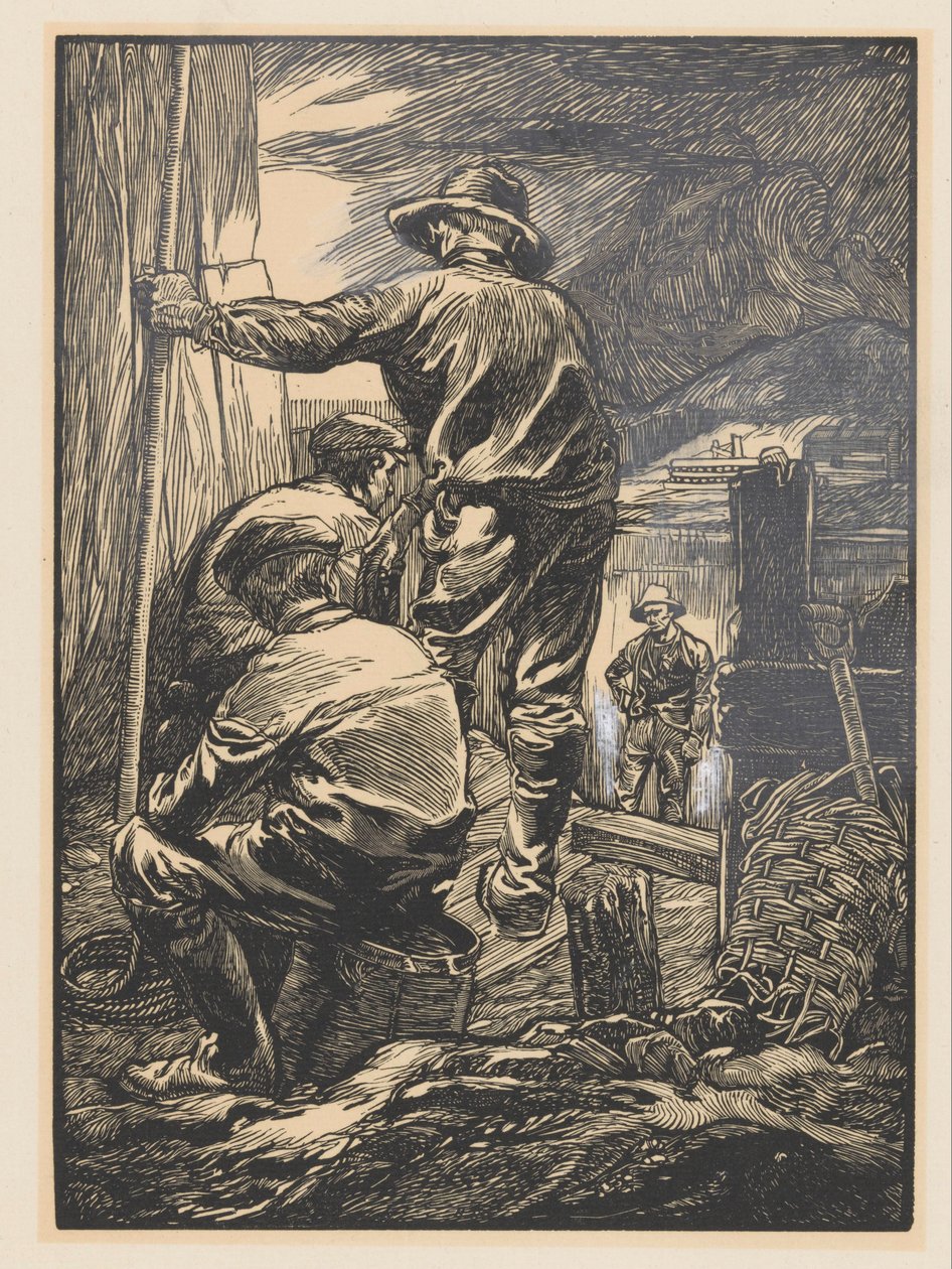Vier arbeiders bij het water door Johannes Josephus Aarts