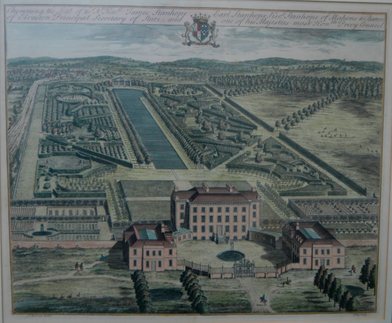 Een gravure van Chevening door Johannes Kip (geb. 1722) naar Thomas Badeslade (geb. 1742), gepubliceerd (in History of Kent) 1719 door John Harris. door Johannes Kip