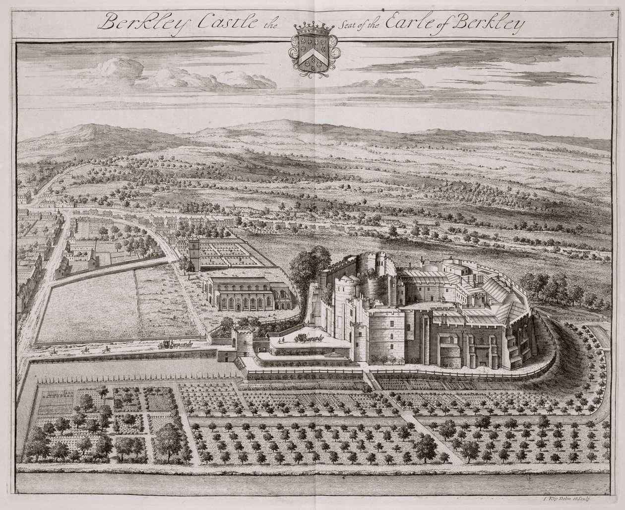 Kasteel Berkeley, zetel van de graaf van Berkeley (gravure) door Johannes Kip