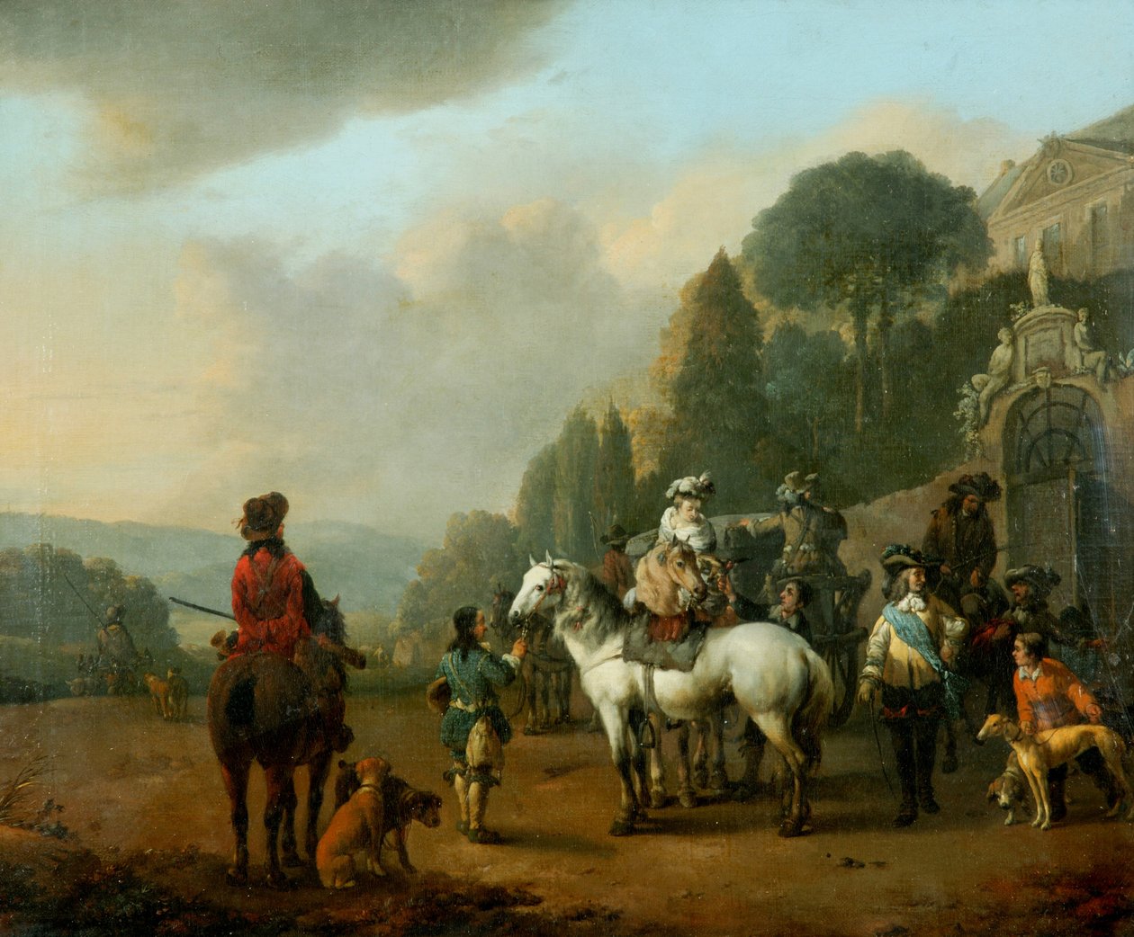 Een Gezelschap van Valkeniers buiten de Poorten van een Kasteel door Johannes Lingelbach