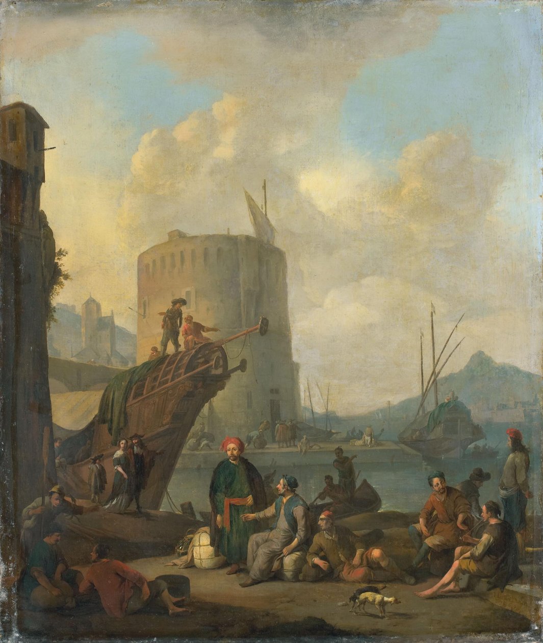 Italiaanse haven met versterkte toren door Johannes Lingelbach
