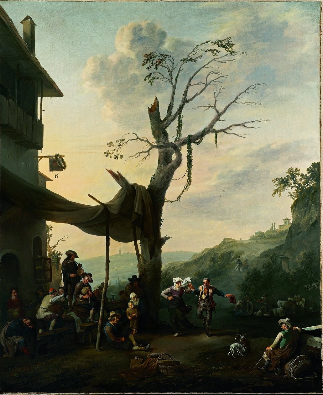 Berglandschap met dansende en musicerende boeren voor een herberg door Johannes Lingelbach