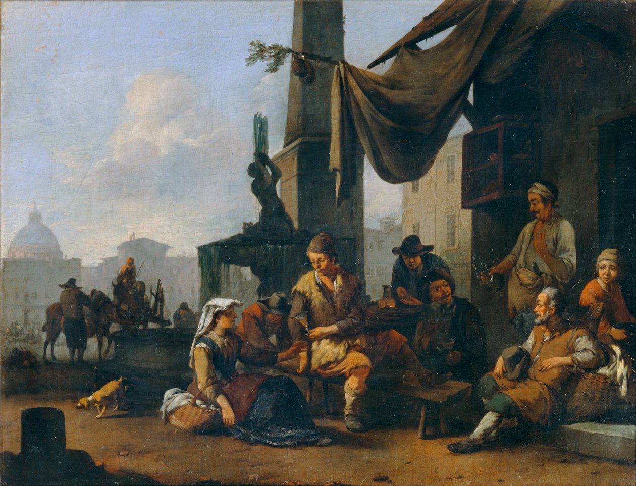 Italiaanse boeren drinken voor de deur van een Romeins hotel ... door Johannes Lingelbach