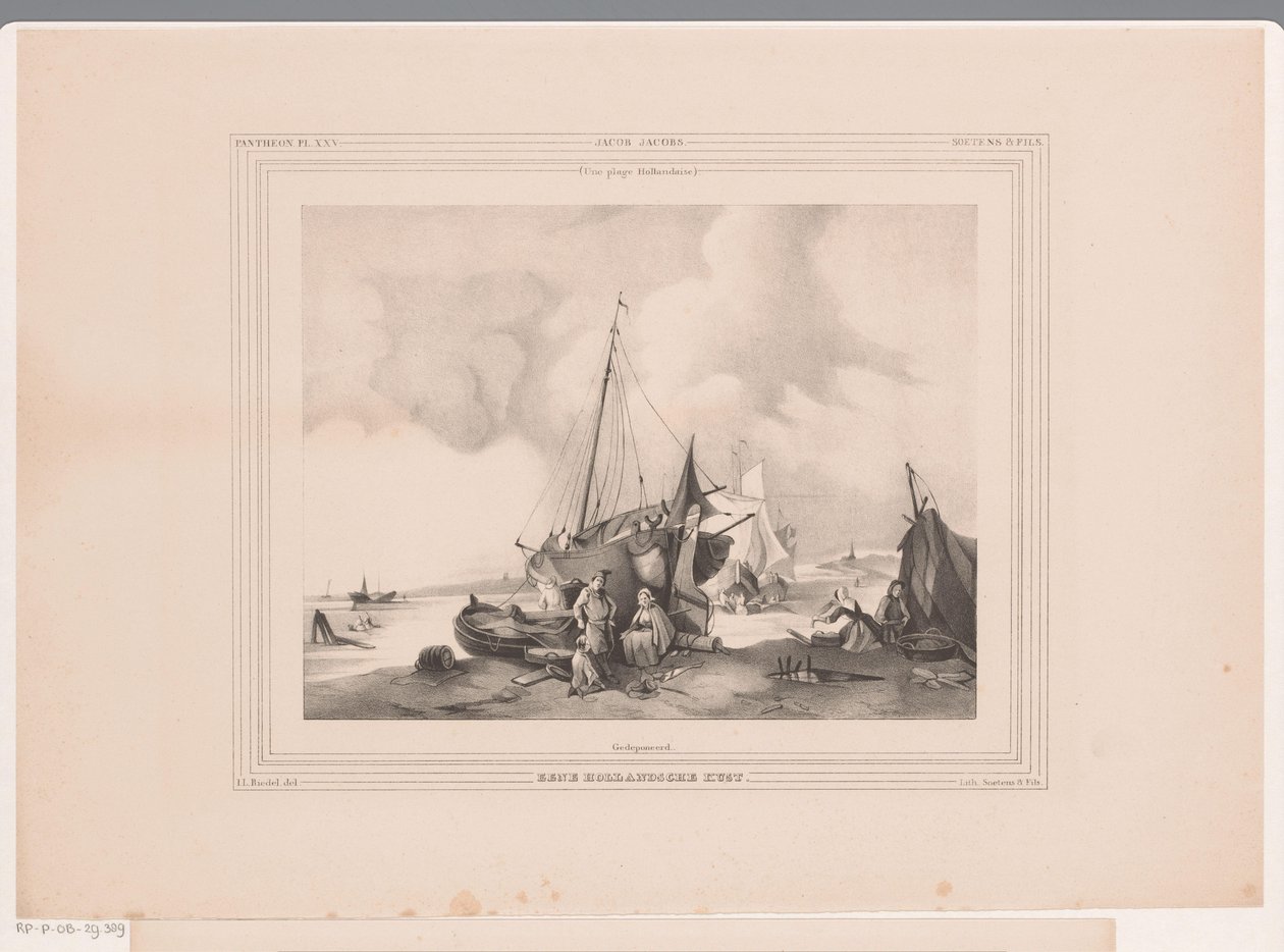 Hollandse kust met boten en mensen door Johannes Lodewijk Riedel