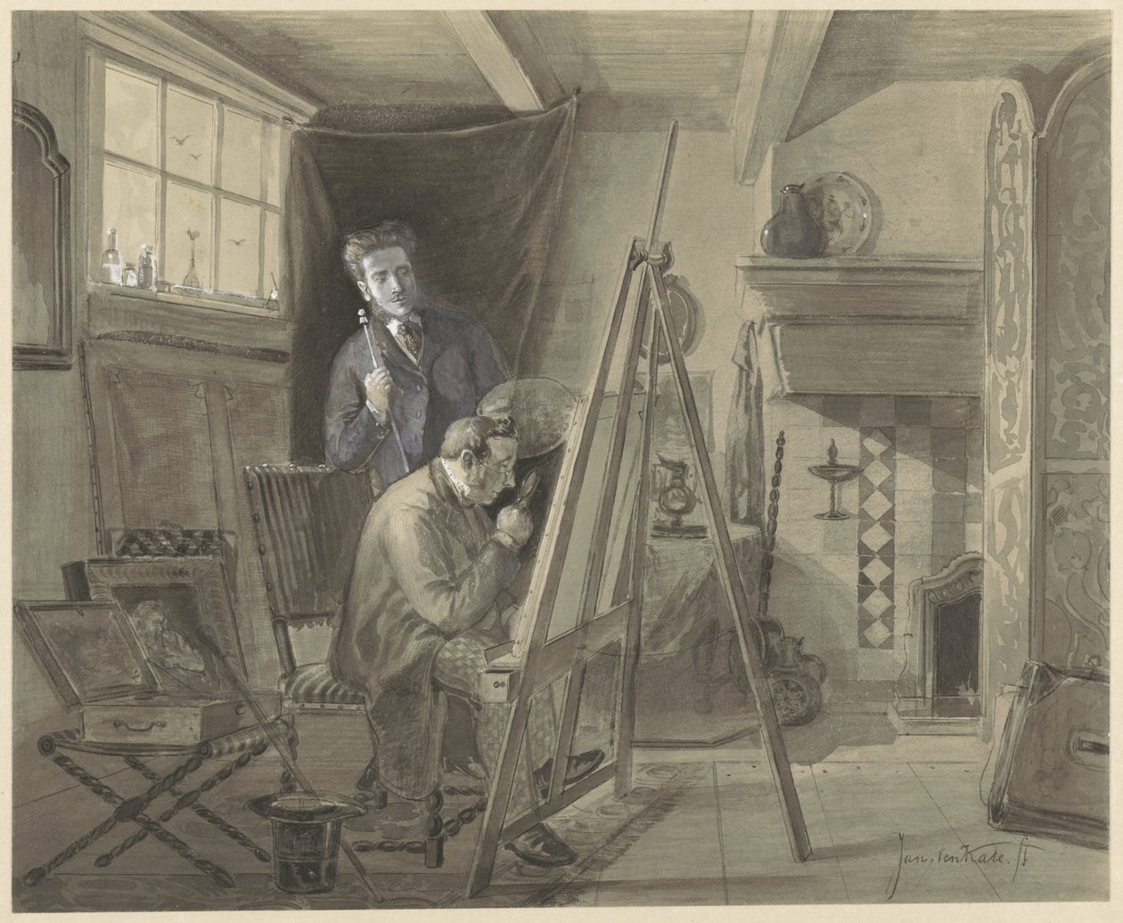 Zelfportret van Johannes Marius van Kate, staande in zijn atelier met een bezoeker door Johannes Marius ten Kate