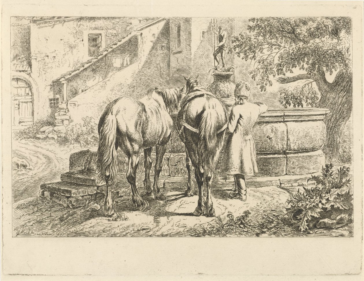 Drinkende paarden bij een fontein door Johannes Mock