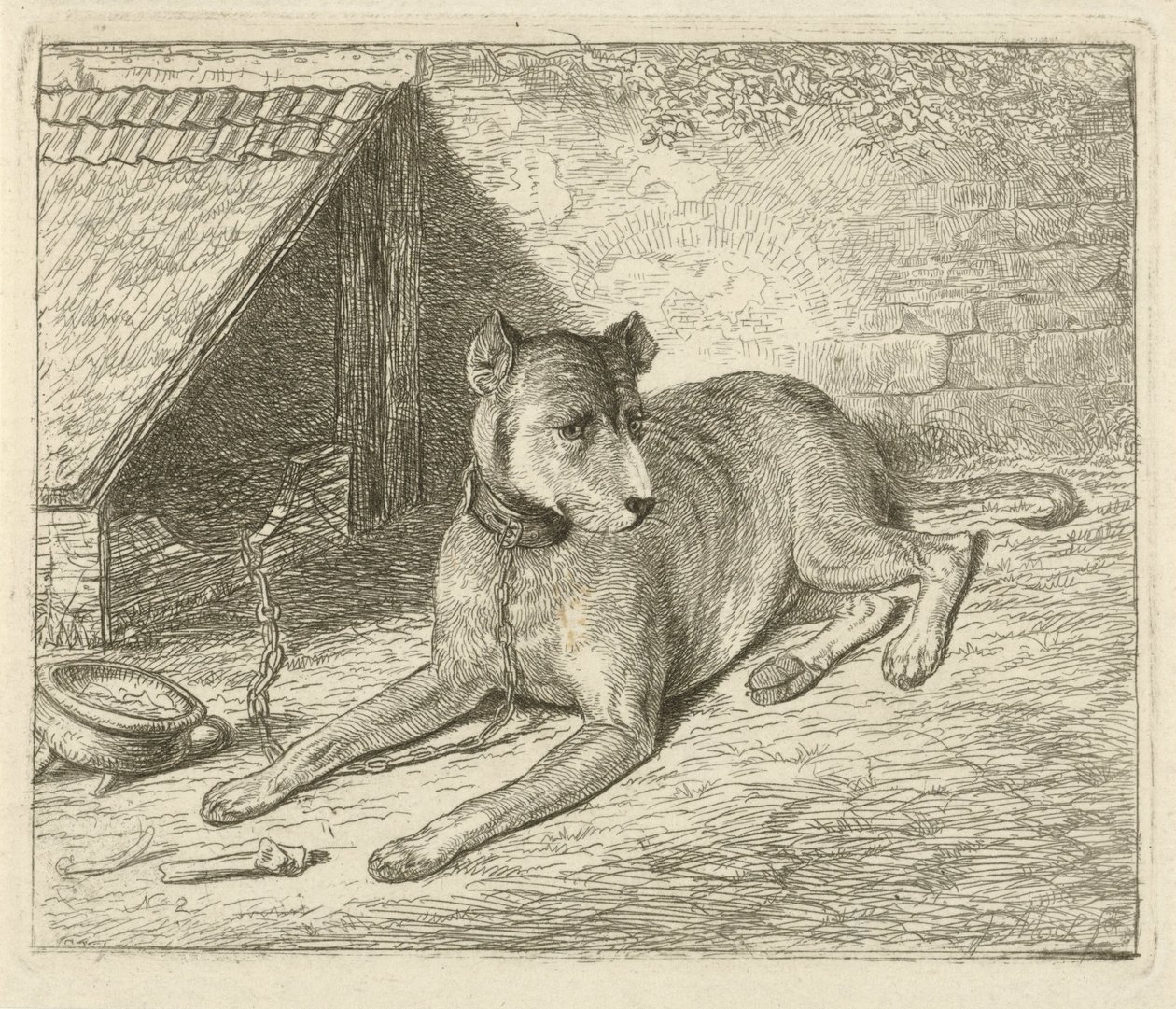 Hond aan een ketting bij een hondenhok door Johannes Mock