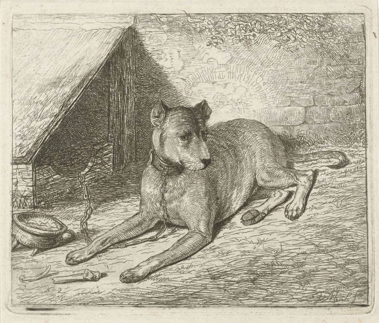 Hond aan een ketting bij een hondenhok door Johannes Mock