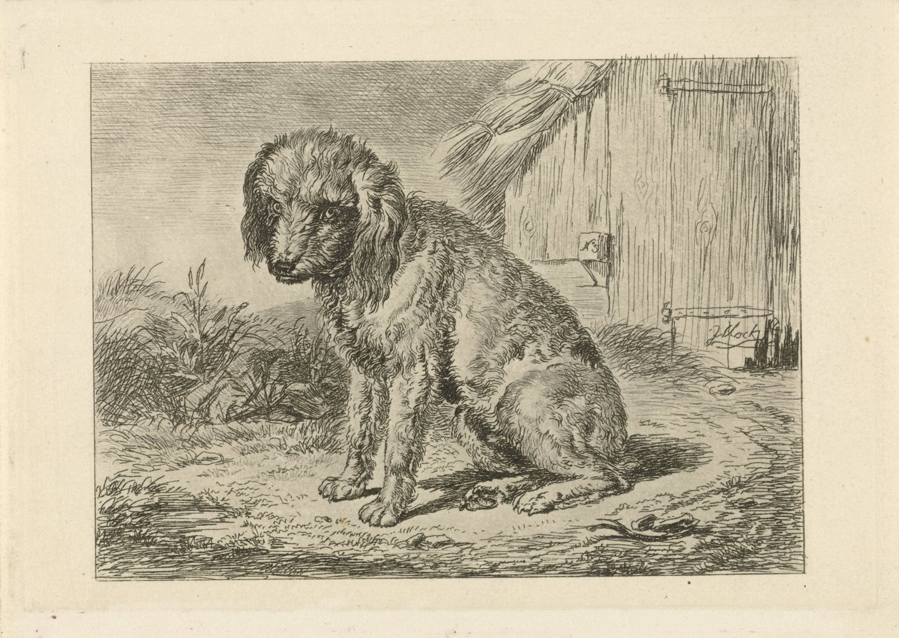 Zittende hond bij een schuur door Johannes Mock