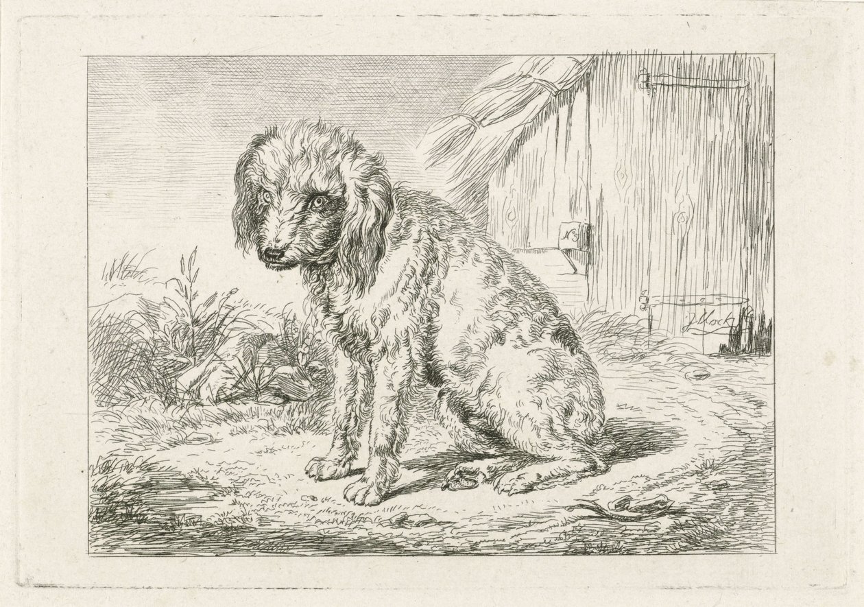Zittende hond bij een schuur door Johannes Mock