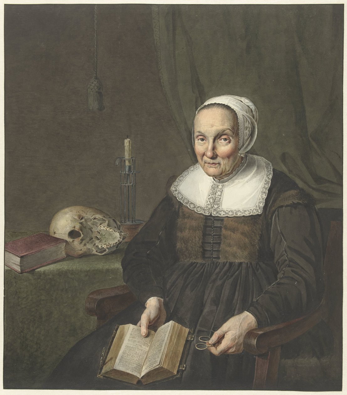 Portret van een Zittende Oude Vrouw met Opengeslagen Boek door Johannes Pieter de Frey