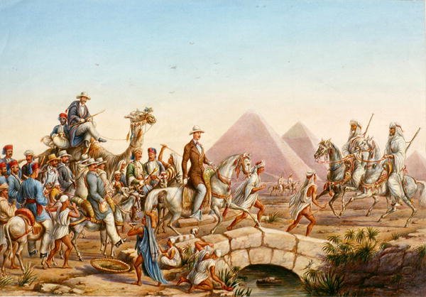 Prins Albert van Pruisen met zijn gevolg op tournee langs de piramides van Gizeh door Johannes Rabe