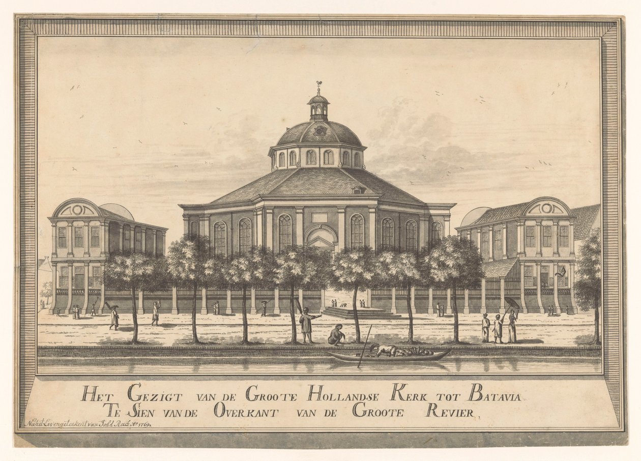 Gezicht op de Nieuwe Hollandse kerk van Batavia door Johannes Rach