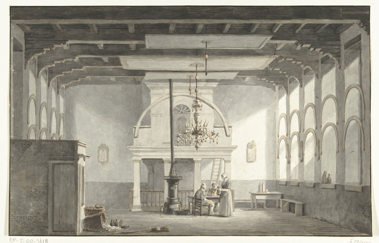 De zaal in de Kloveniersdoelen te Dordrecht waar de Nationale Synode in de jaren 1618-1619 gehouden is, 1836 door Johannes Rutten (signed by artist)