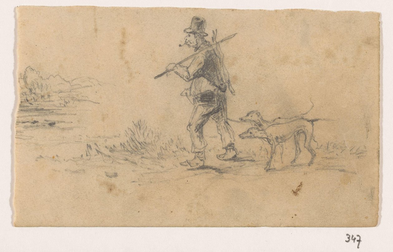Jager met honden en een haas op de rug door Johannes Tavenraat (signed by artist)
