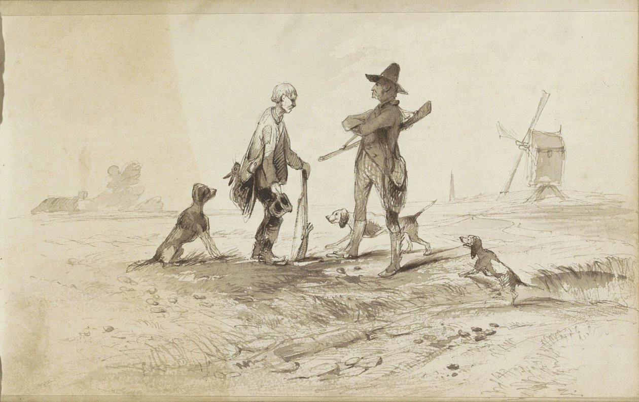 Jagers met honden in een landschap met een molen door Johannes Tavenraat