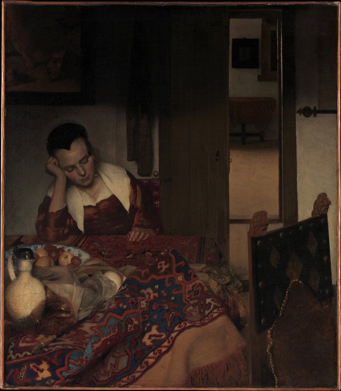 Ein schlafendes Mädchen door Johannes Vermeer