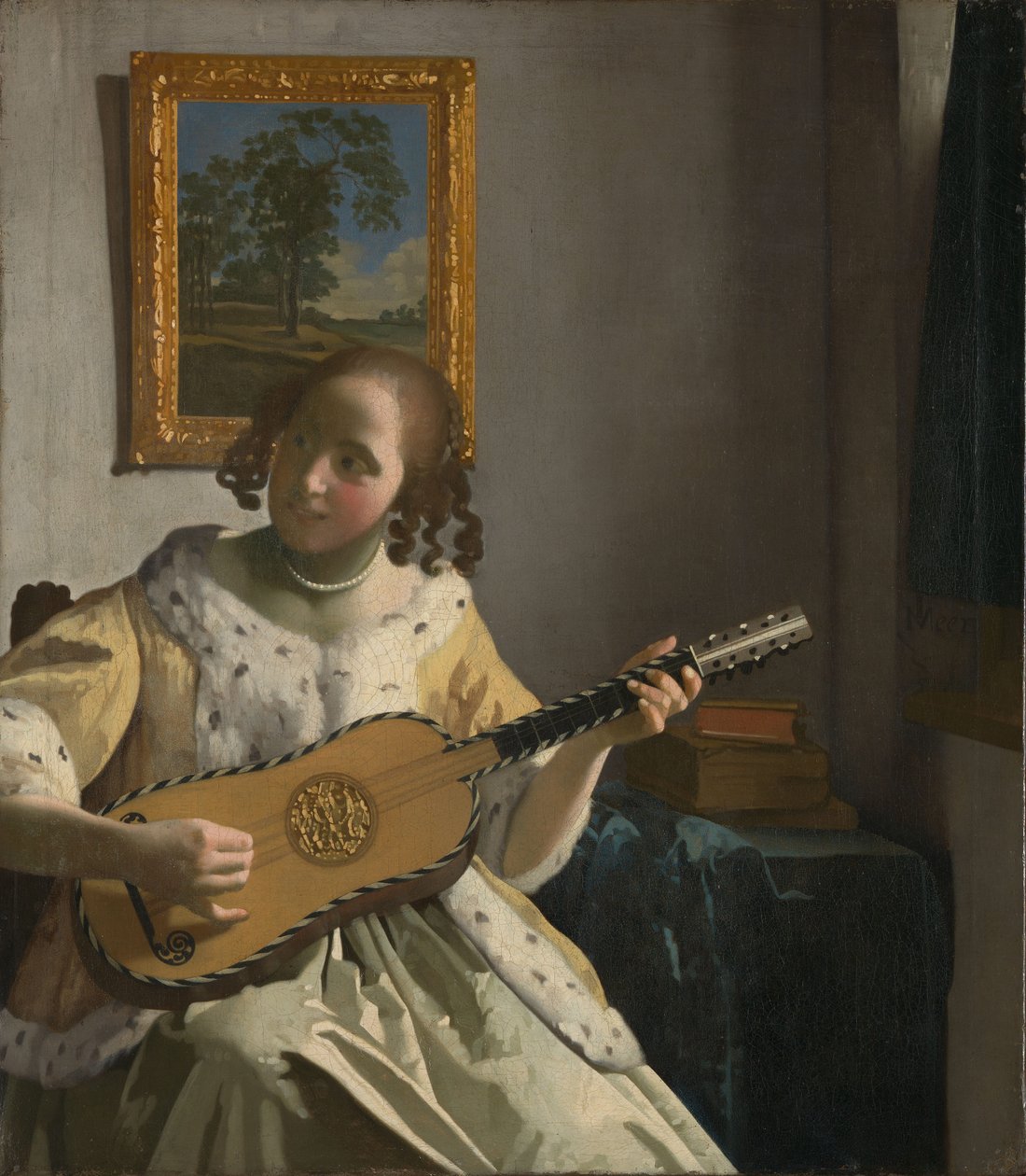 Jonge vrouw speelt gitaar.[1]
Alternatieve titel(s):  

De gitarist.[2] door Johannes Vermeer