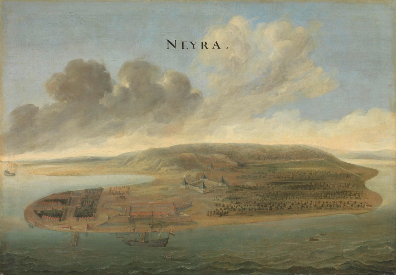 Twee gezichten op handelsposten van de Nederlandse Oost-Indische Compagnie: Lawec in Cambodja en Banda in de Zuidelijke Molukken door Johannes Vinckboons (attributed to)