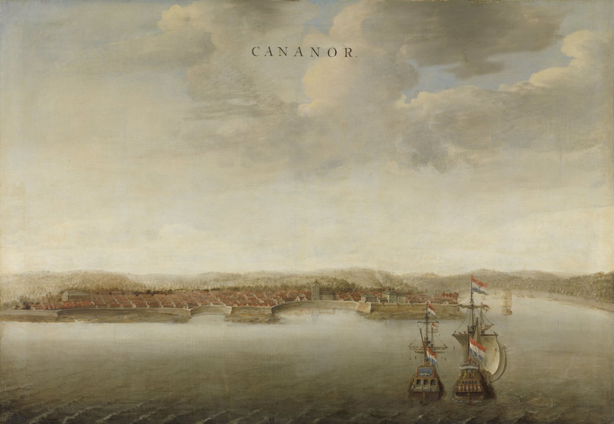 Gezicht op Cananor aan de kust van Malabar in India door Johannes Vinckboons (attributed to)