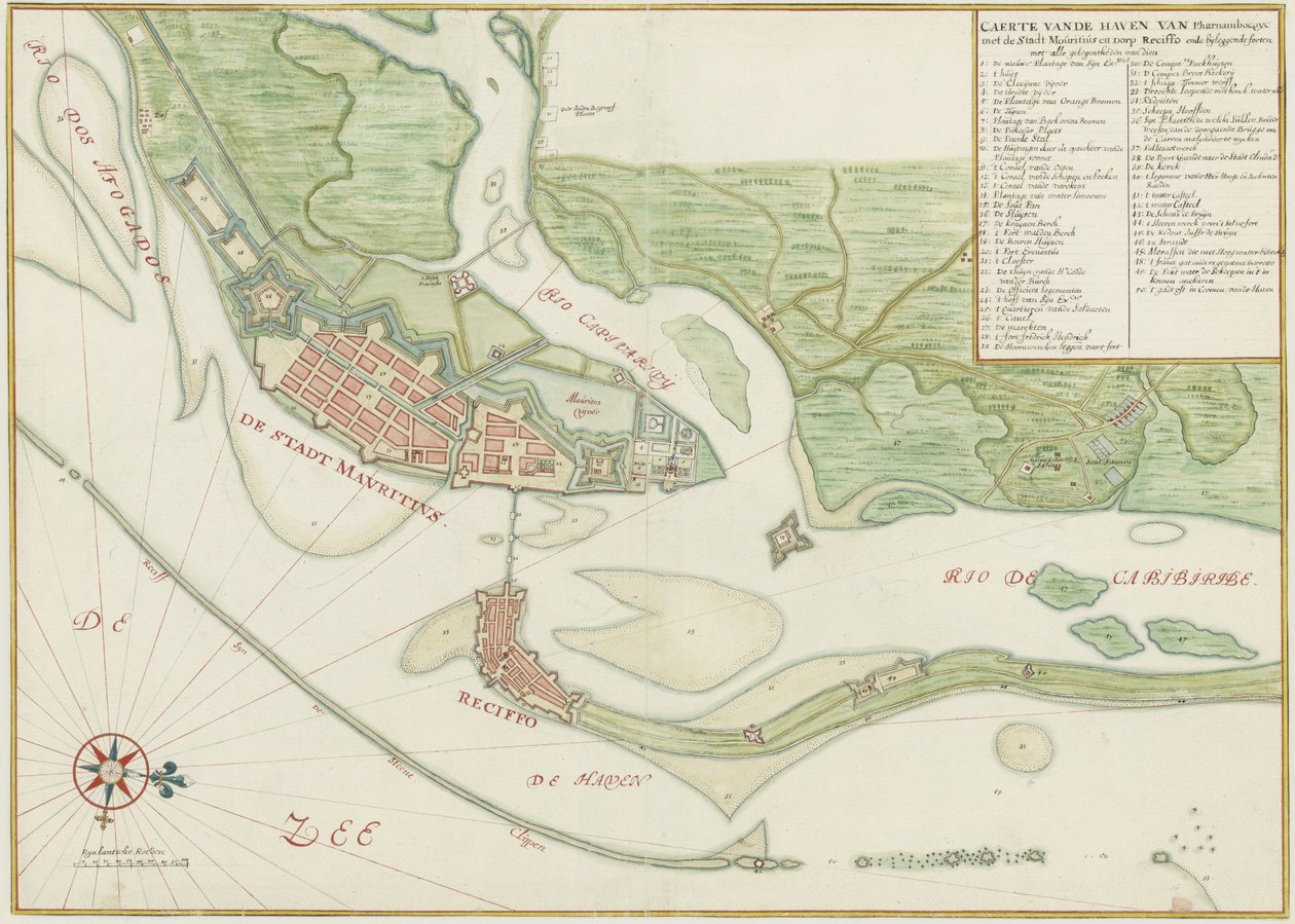 Aquarelkaart van de stad Recife (Brazilië) in de 17e eeuw door Johannes Vingboons
