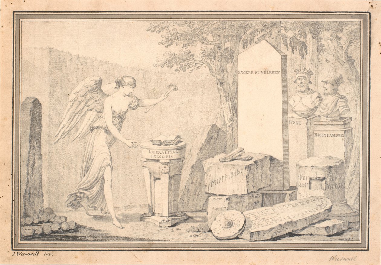 Titelvignet voor Snorre Sturleson (uitg. G. Schiøning): Heimskringla, Bd. I, 1778 door Johannes Wiedewelt