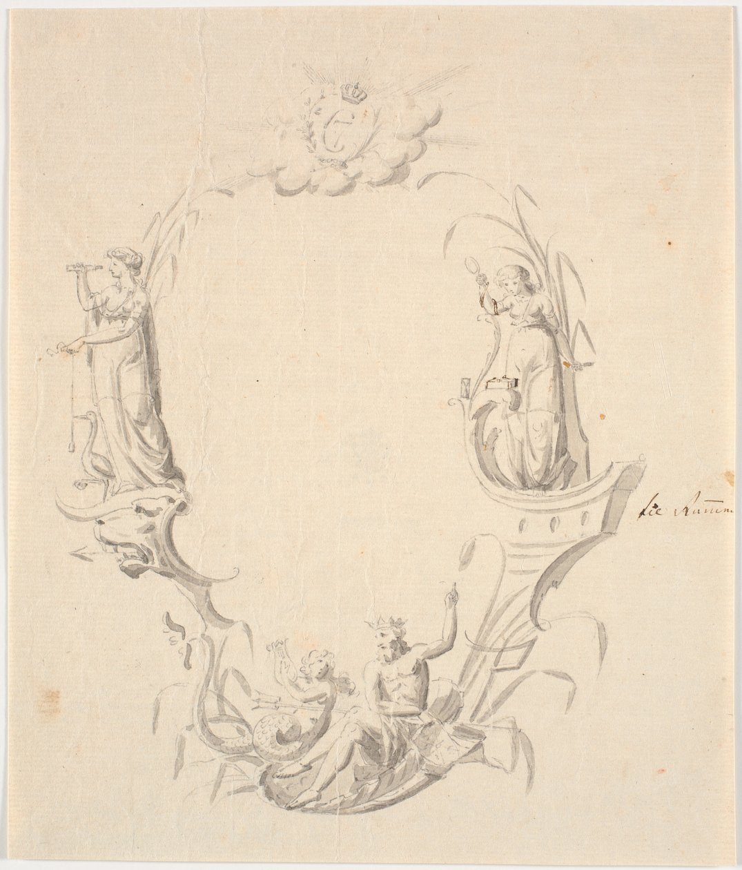 Ontwerp voor titelvignet voor een zeekaart (met de tekst: Pass Kaart over Kattegattet, uitgegeven door het Zeekaartarchief 1799) door Johannes Wiedewelt
