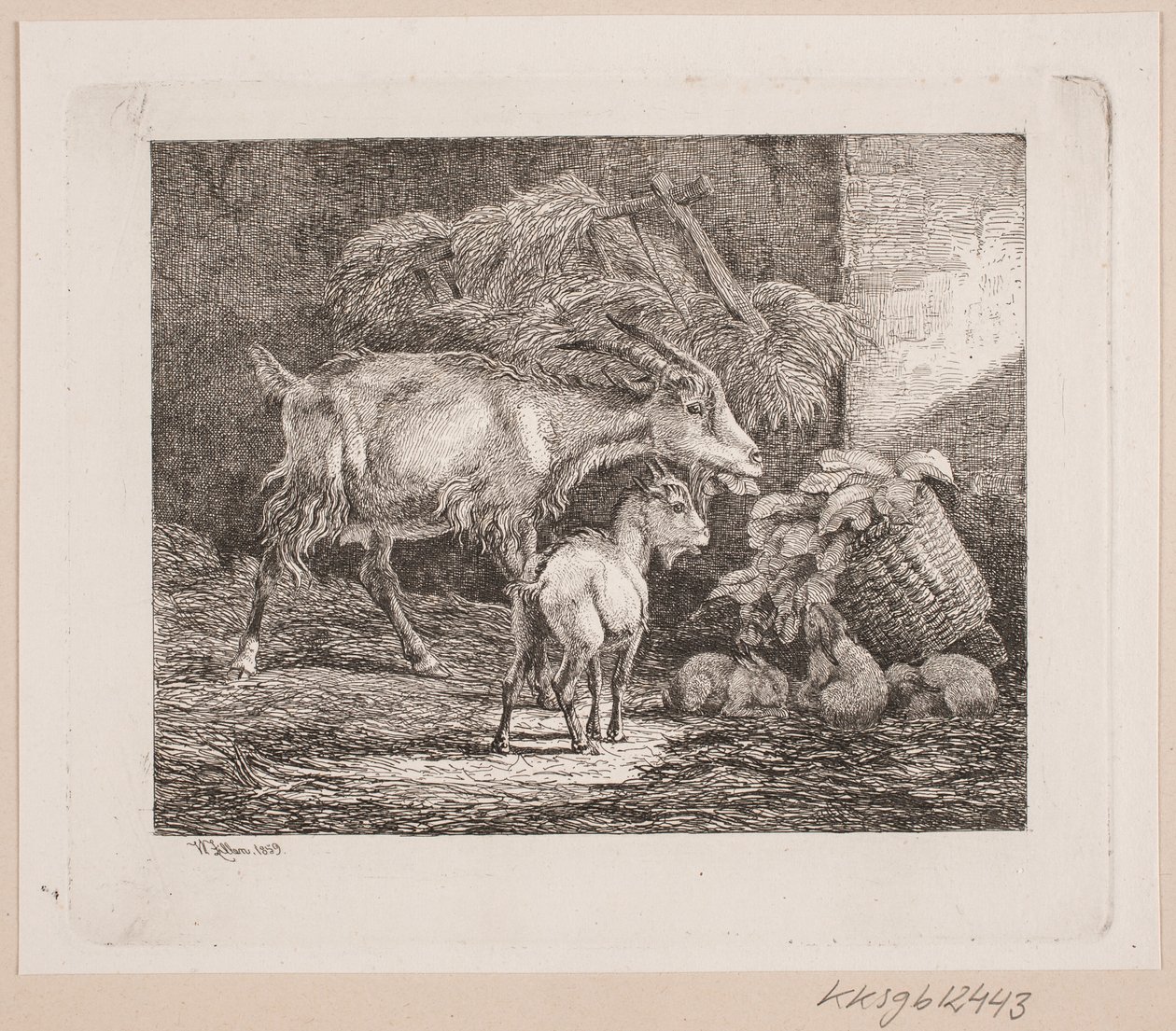 Een geit, een lam en konijnen in een stal door Johannes Wilhelm Zillen