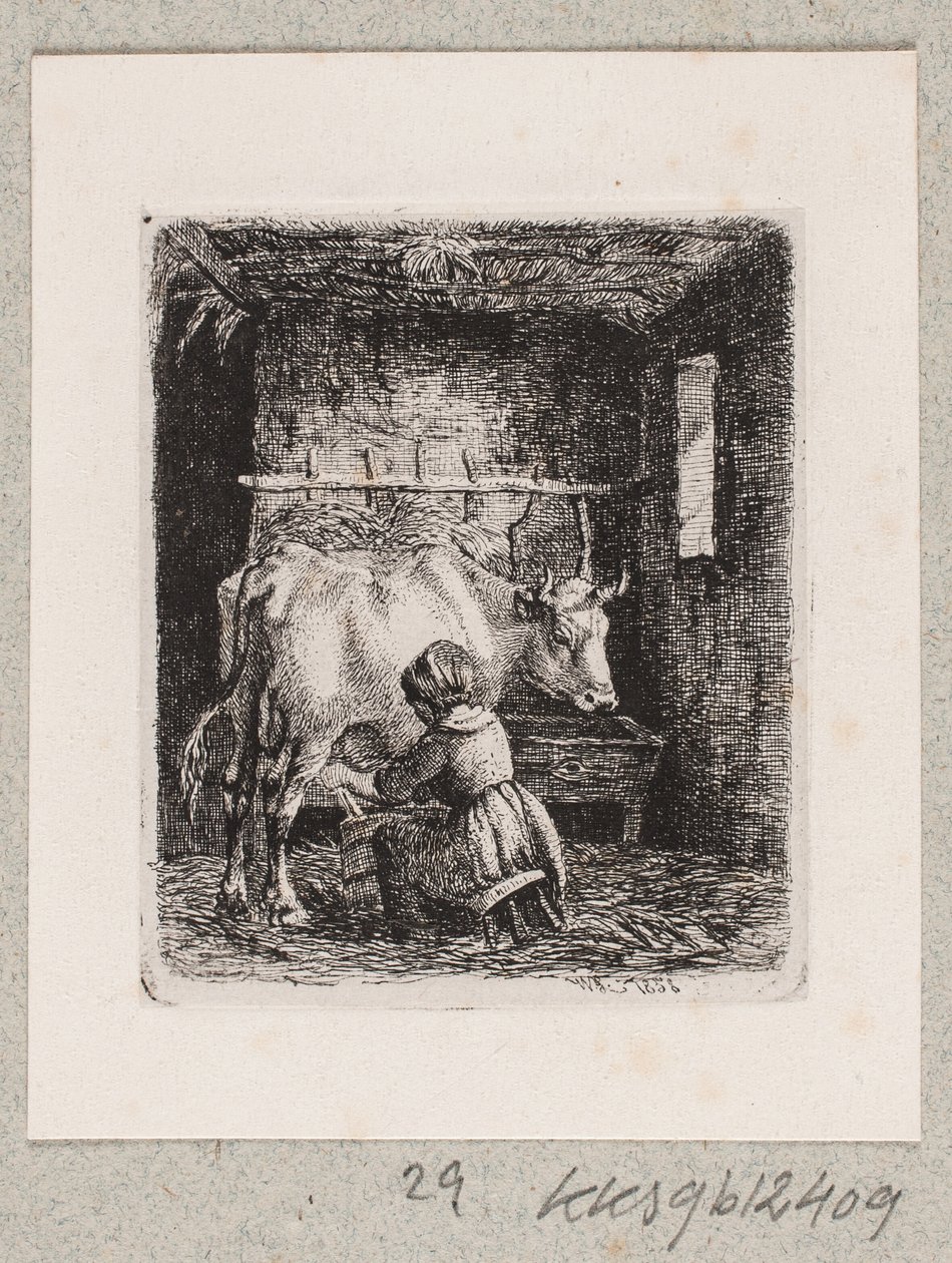 Een meisje melkt een koe door Johannes Wilhelm Zillen