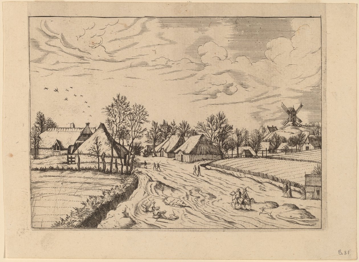 Dorp met standerdmolen door Johannes and Lucas van Doetechum after Master of the Small Landscapes