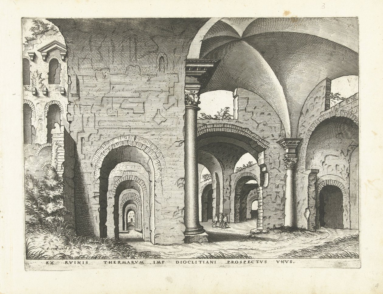 Gezicht op de Thermen van Diocletianus (Romeinse ruïnes, 1561) door Johannes of Lucas van Doetechum (attributed to)
