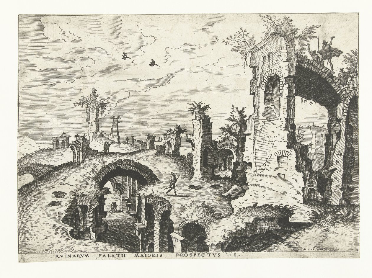 Gezicht op ruïnes op de Palatijn in Rome door Johannes of Lucas van Doetechum (attributed to)