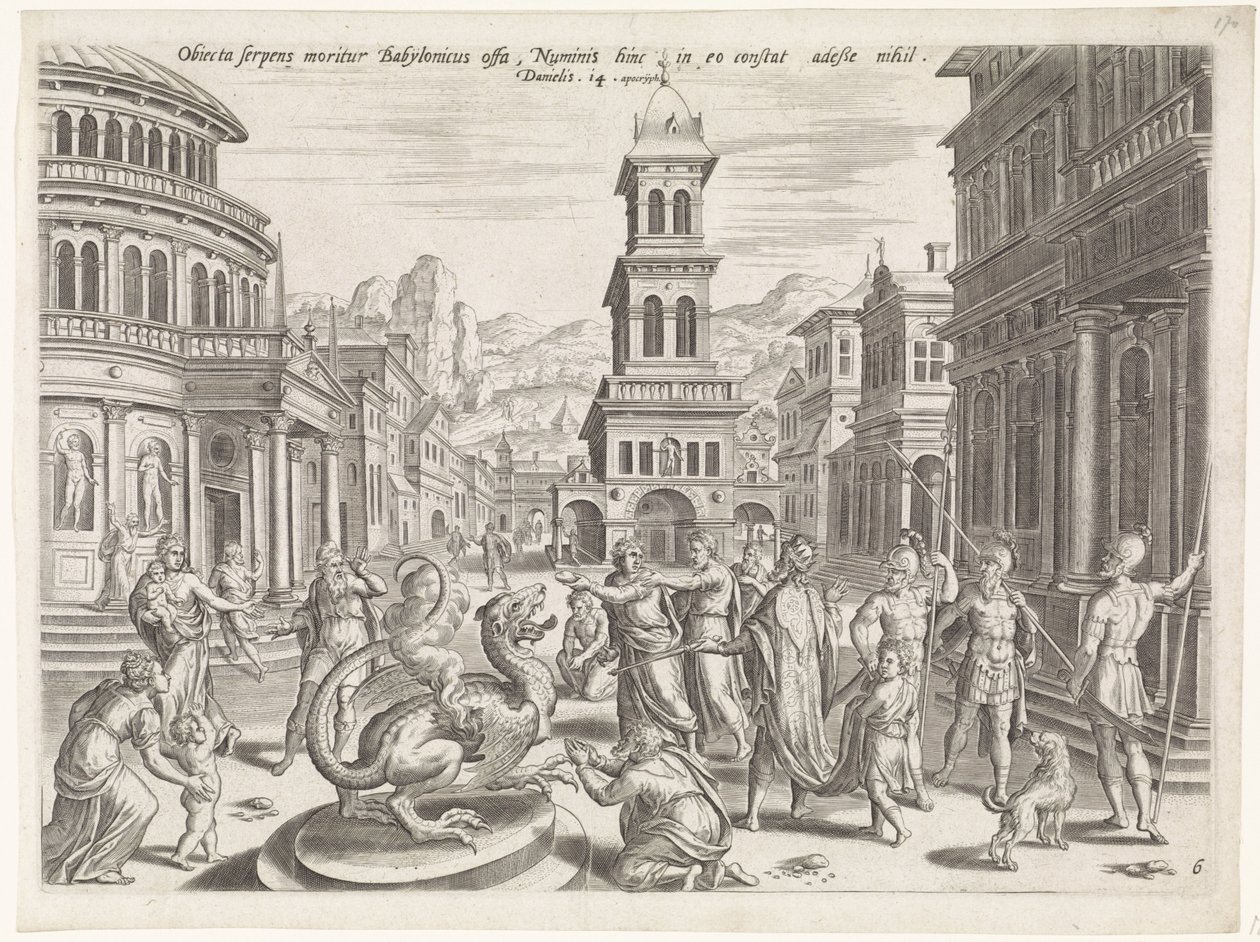 Daniël en de draak door Johannes of Lucas van Doetechum