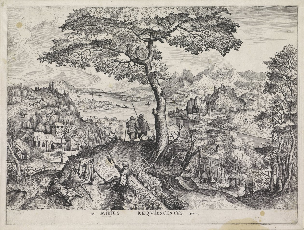 Landschap met rustende soldaten door Johannes of Lucas van Doetechum