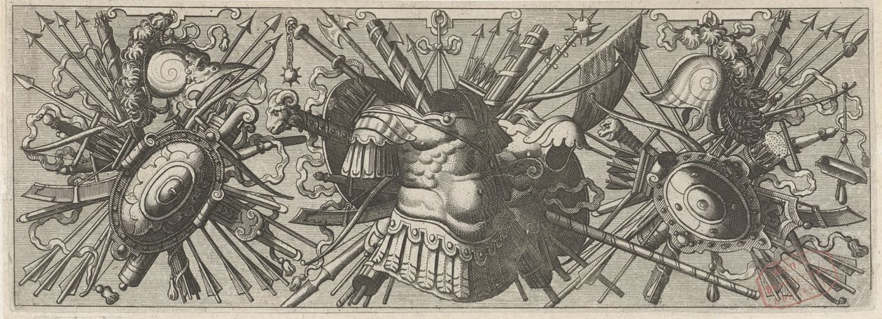 Panoplia. Fries met Romeinse wapens, onderste deel door Johannes of Lucas van Doetechum