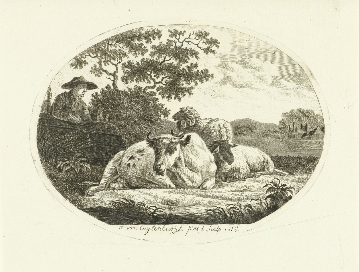 Koe, schaap en ram in weide en boer leunend op hek door Johannes van Cuylenburgh
