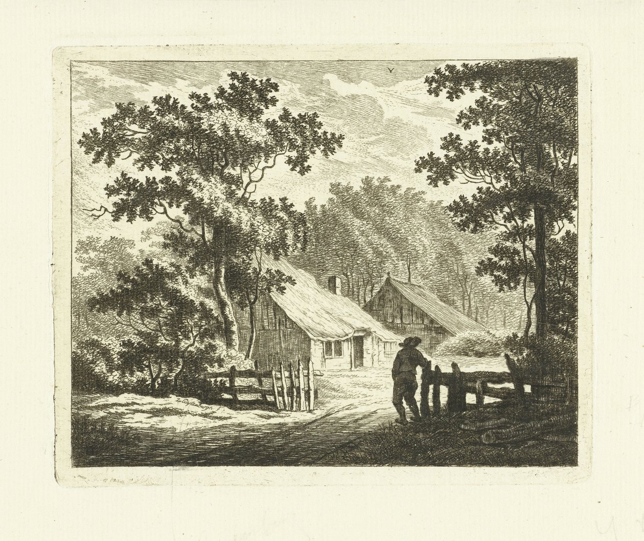 Landschap met boerderij en erf met hek door Johannes van Cuylenburgh